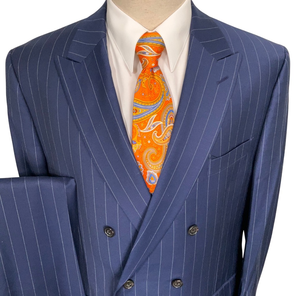 Lauren Ralph Lauren Suit Mens 44L Navy Pinstripe Double Breasted Corporate Wool
